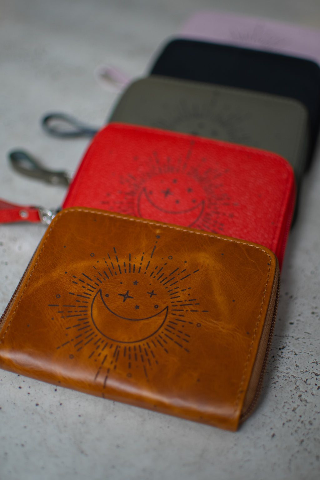 Green Engraved Leather Zip Wallet