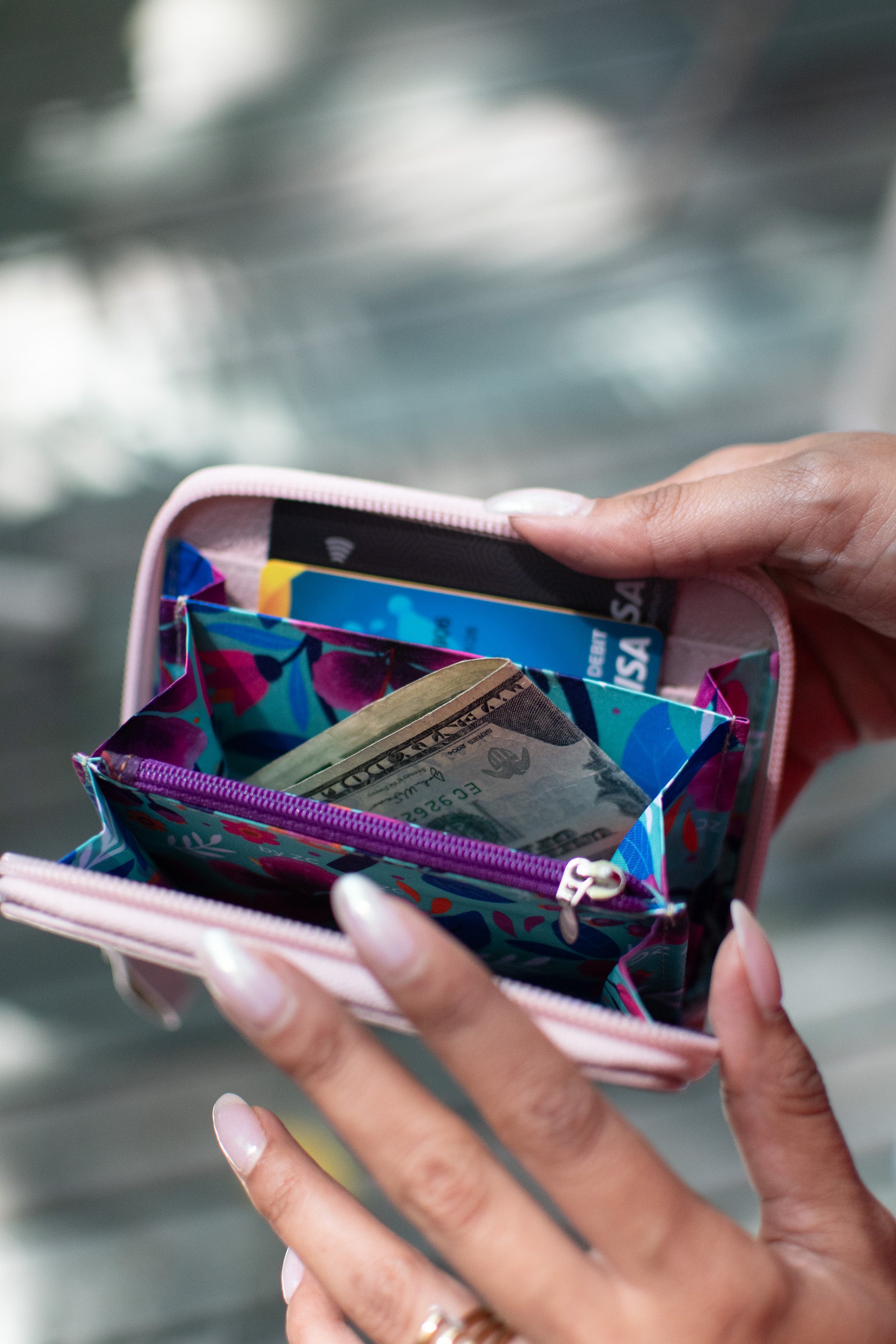 Green Engraved Leather Zip Wallet