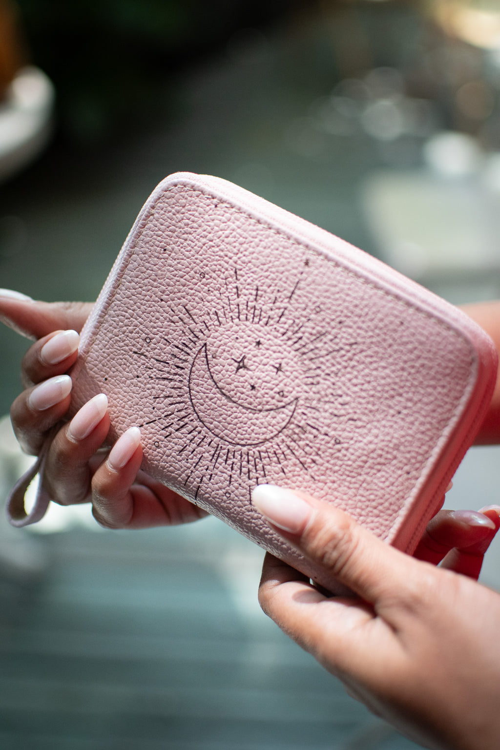 Green Engraved Leather Zip Wallet