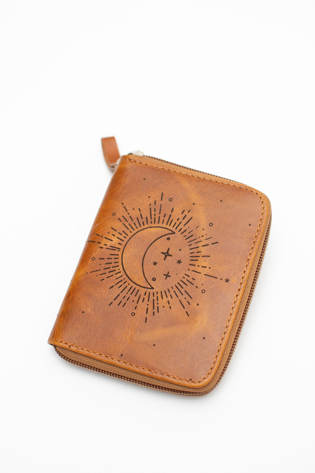 Cognac Brown Engraved Leather Zip Wallet
