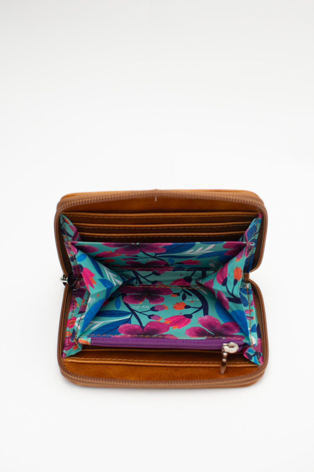 Cognac Brown Engraved Leather Zip Wallet