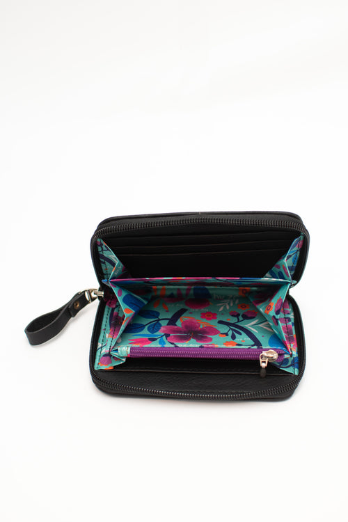 Black Engraved Leather Zip Wallet